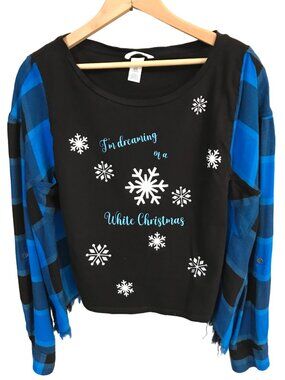 Upcycled Holiday Flannel Shirt, Oversized White Christmas Snowflakes, Size L-2XL